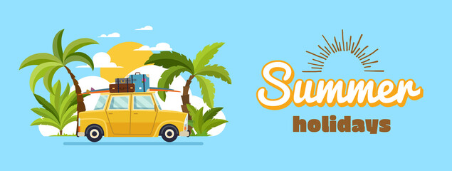 Happy family driving in car on weekend holiday, summer holidays, planning summer vacations, travel by car, summer holiday, Tourism and vacation theme. Flat design illustration. © the8monkey