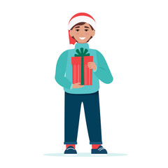 Boy in Christmas clothes with a gift box. Vector illustration in flat style, isolated on white background