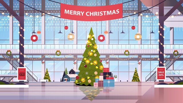 Shopping Mall Center With Decorated Fir Tree For Christmas And New Year Winter Holidays Celebration Concept Empty No People Big Store Interior Horizontal Vector Illustration