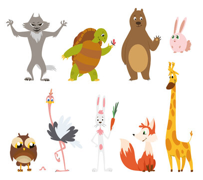 Cartoon wild animals in different poses on white background.