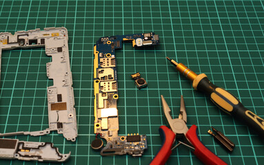 Mobile phone service. Close-up of repairing smartphone with screwdriver and pliers.