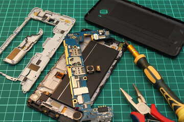 Mobile phone service. Close-up of repairing smartphone with screwdriver and pliers.
