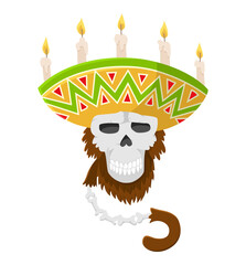 Mexican skull monkey in sombrero with candles. Gorilla monkey skull, colored . Primate logo.