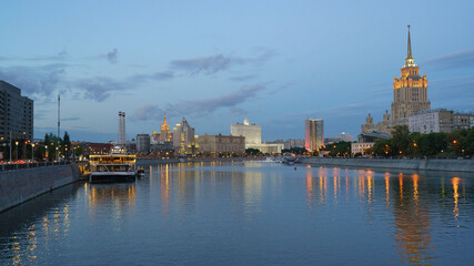 Obraz premium Moscow, Russia- August7,2018: House of the Government of the Russian Federation (Russian White House), Ukraine/ Radisson Royal Hotel, Skyscraper near Barrikadnaya, floating restaurant Chaika/ Seagull