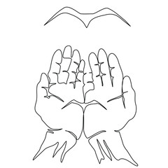 Continuous line. The Palms upward release the Bird. Minimalistic style, modern illustration.