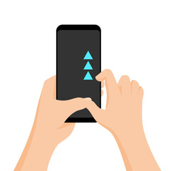Hand holding smartphone with quick tutorial on the screen. Touch screen gesture. flat cartoon illustration for advertising, app, web sites, banners design. Arrow scroll up. Unlock device.