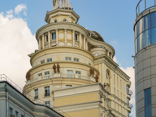 House called PATRIARCH / PATRIARH near Patriarch Ponds in spring day. Coronavirus Pandemic  VS. architecture of the Russian capital. Symbolic like antique sculptures