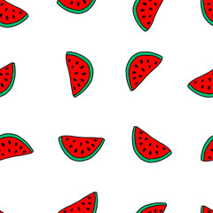 Vector outline illustration of group of slice fresh red and green watermelon with black seeds isolated on a white background. Seamless pattern