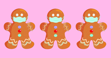 Three detalied and sweetest gingerbread men  with masks on the light pink background. Christmas time. Decoration food. Funny stickers. Holidays. New year vacation. Christmas background.