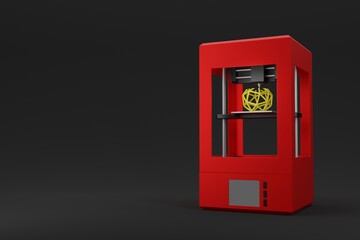 Modern red 3D printer on black background with copy space, 3D rendering