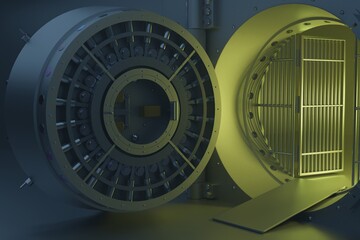 Large steel bank vault door security door lock mechanism, 3D rendering