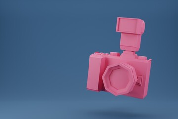 Pink low-poly camera with flash copy space, 3D rendering