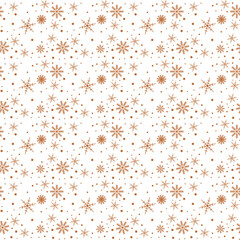 Brown, golden snow flake tracery seamless pattern on white. Abstract geometric texture background vector illustration. Winter xmas new year ornament for prints, package, wrapping paper, greeting card