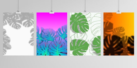 Realistic vector layouts of A4 mockup design templates for brochure, flyer, cover design, book, brochure, poster. Tropical palm leaves, shadow of tropical jungle leaves. Floral pattern backgrounds.