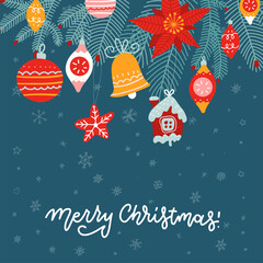 Christmas background, greeting card with lettering. Fir tree braches with cute hanging Christmas decoration balls and decorations. Colorful hand drawn illustration in cartoon flat style.