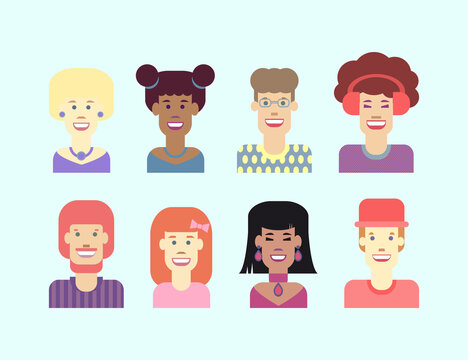 Avatars. Men and women set of cheerful different characters. Vector multicolored isolated illustration.