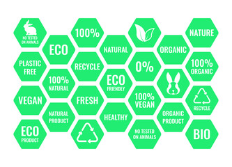 Vector set of icons. Lettering, illustrations in a green hexagonal on the theme of eco, bio, natural and healthy products, safe for vegans. Design template for websites, social networks.