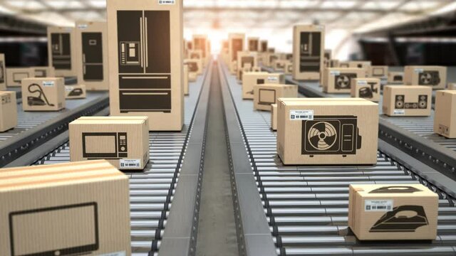 Household appliance in cardboard boxes on conveyor roller in distribution warehouse E-commerce, delivery and packaging service concept. 3d video animation