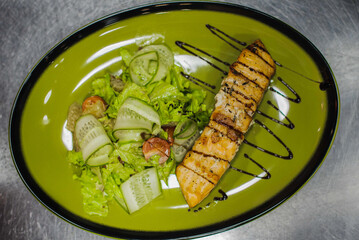 grilled salmon steak with vegetables