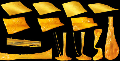 Set of slices of cheddar cheese isolated. Hot stretching cheese. - obrazy, fototapety, plakaty