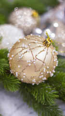 Christmas ball close-up, blurred bokeh background. Christmas background for a postcard. Decoration for a Christmas tree, spruce branches, New Year's ball.
