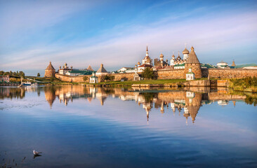 Fototapeta premium Solovetsky Monastery on the Solovetsky Islands and reflection