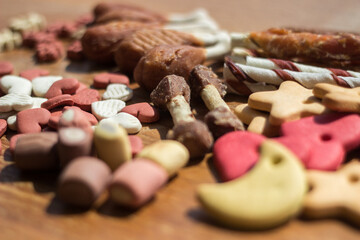 Dog tasty colored biscuits on wooden background 