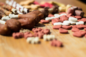 Dog tasty colored biscuits on wooden background 