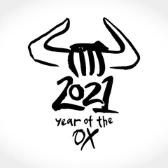 Year of the Ox in Chinese zodiac. Black ink brush calligraphy 2021 and horns. Vector element for New Year's design in flat style. Illustration of 2021 year of the Ox.

