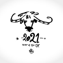 Year of the white Ox in Chinese zodiac. Black ink brush calligraphy symbol of the year 2021. Vector element for New Year's design in flat style. Illustration of 2021 year of the Ox.

