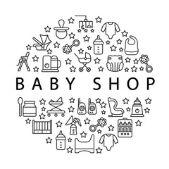 Baby items circle banner with flat line icons. Template for baby shop. In the center you can write any text