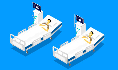 
A man in a hospital bed is hooked up to a ventilator. isometric medicine
