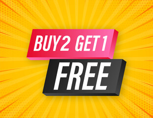 Buy 2 Get 1 Free, sale tag, banner design template. Vector stock illustration.