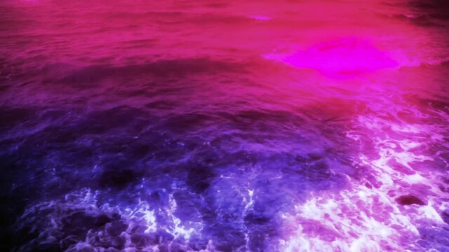 A strange colorful sea near the shore, with blue and pink tones, vaporwave style.
