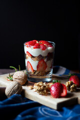 Strawberry and cream magnolia dessert in glass cup