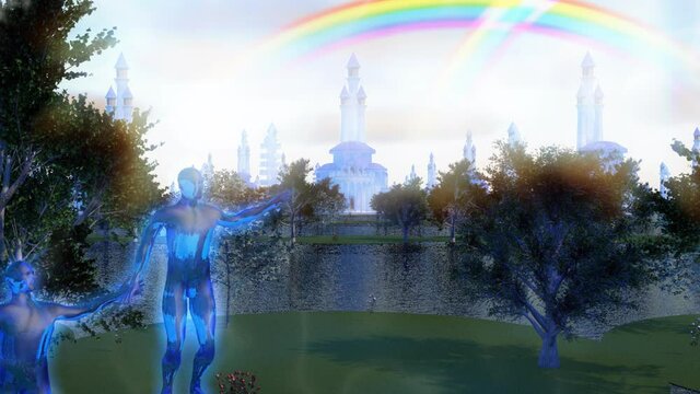 Para&iacute;so Celestial con sus palacios, arboles, y arcoiris