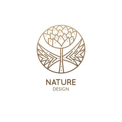 Tropical plant logo. Round emblem of flower in linear style. Clover icon. Vector abstract badge for design of natural products, flower shop, cosmetics, ecology concepts, health, spa, yoga Center