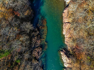 Top view landscape with mountain river and forest