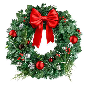 christmas wreath, red ribbon bow, isolated on white background, clipping path
