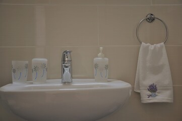 Modern bathroom detail, with a nice ceramic washbasin.Washbasin and liquid soap. Bathroom interior with vessel sink and decor elements.Washbasin with faucet and liquid soap bottle.
