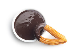 Tasty fried churros with chocolate dip