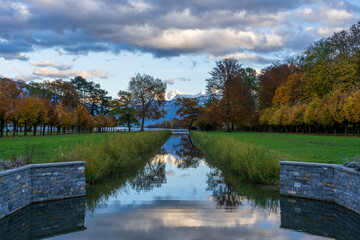 landscape with lake and mountains in autumn