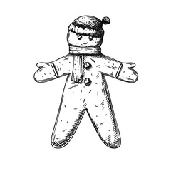 Gingerbread man isolated on white background. Sketch, hand drawn.