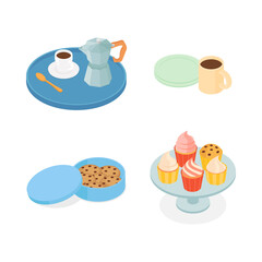 Coffe and dessert set. Isometric vector illustration in flat design.