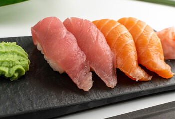 Macro photo of salmon nigiri sushi and maguro tuna