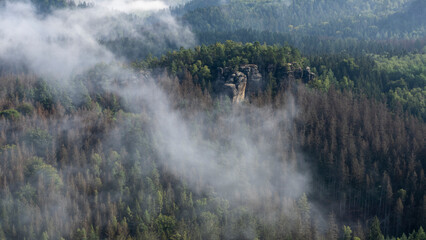 Fototapeta na wymiar Blick in den Morgenstunden von den Affensteinen über Alten Wildenstein Richtung Lichtenhain. Die Sonne schickt ihre ersten wärmenden Strahlen durch den dichten Nebel in die Bergwelt des Nationalparkes