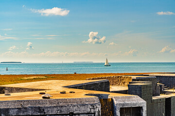 Old Fort Coastal Defense Fortification Key West, Florida, Courtyard , Ocean and Ship in the...