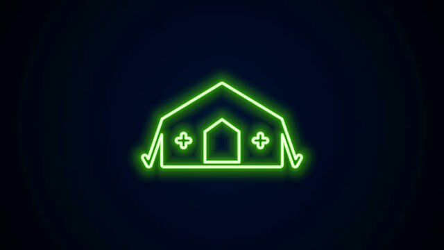 Glowing neon line Military medical tent providing first aid to a patient icon isolated on black background. Medical tent free aid to people. 4K Video motion graphic animation.