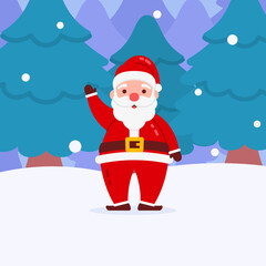 Christmas Santa Character Say Hello With Snow And Winter Forest Background Flat Design