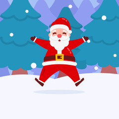 Christmas Santa Character Happy Jump With Snow And Winter Forest Background Flat Design
